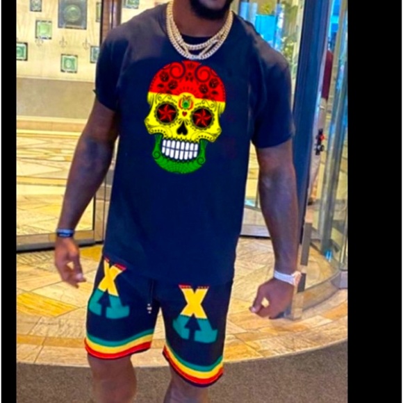 Malcolm ❌ Sugar Skull Short Sleeve T-Shirt & Drawstring X Short - Picture 1 of 6